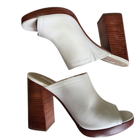 FRYE Cream Block Heel Clog Mules with Peep-Toe - 8M - Picture 6 of 10